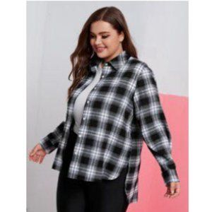 Plus size High-Low tartan print button up